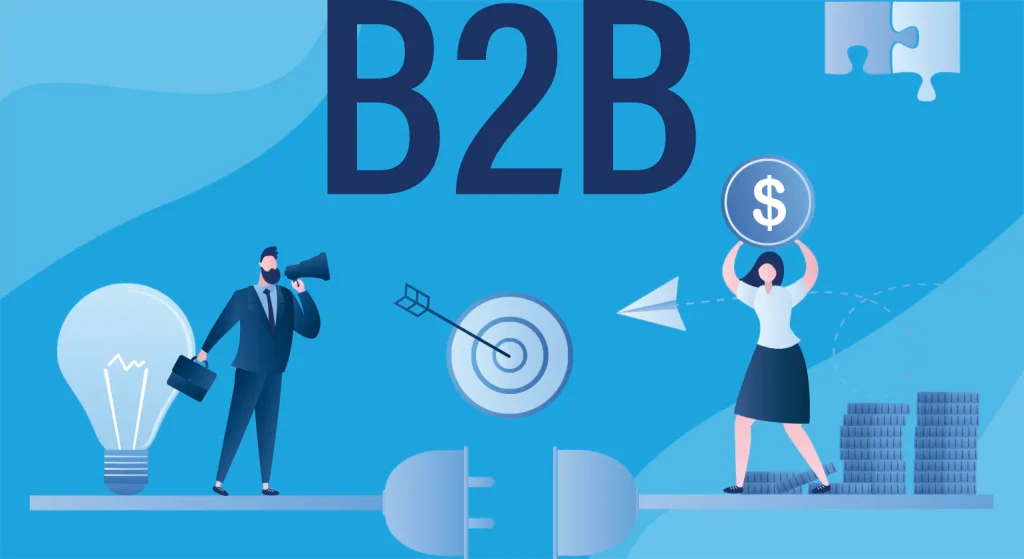 Business people stand on opposite sides of a plug labeled B2B with a lightbulb, target, paper plane, and stacks of coins around them.