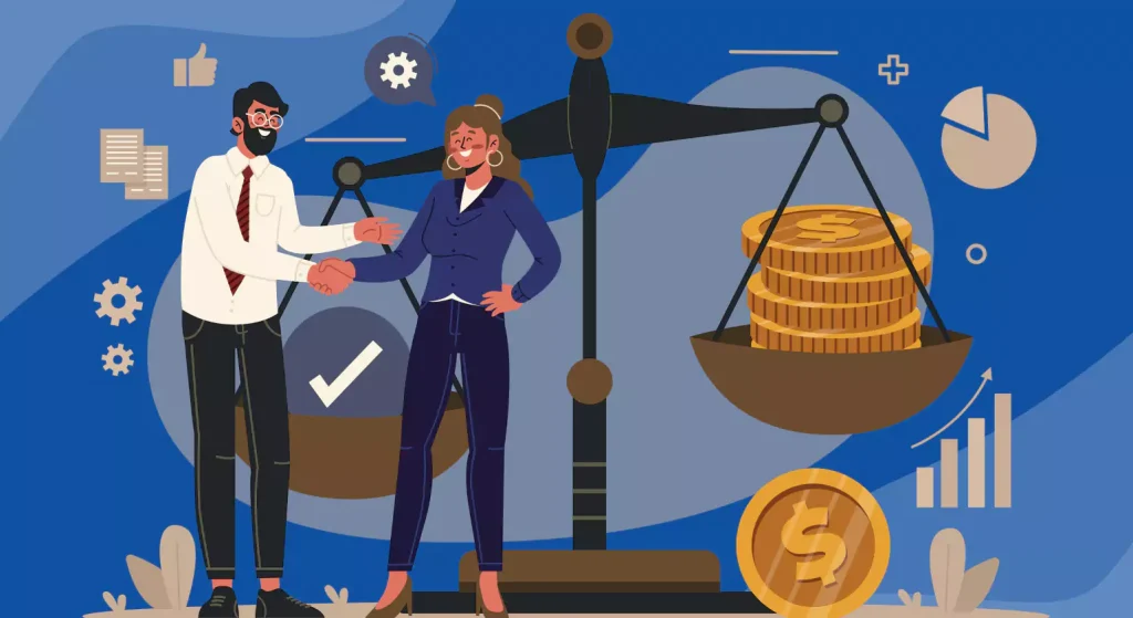 Two business professionals shake hands in front of a large balance scale loaded with gold coins and surrounded by gears, pie charts, and financial icons.