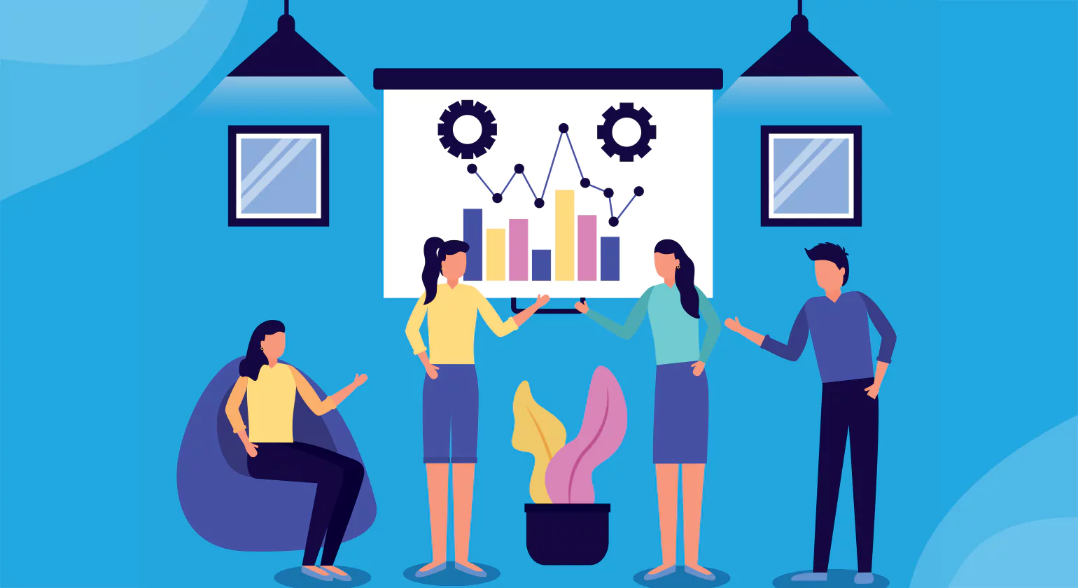 Four animated people discuss and point at a large screen showing bar charts, gears, and analytics in a brightly lit meeting room.