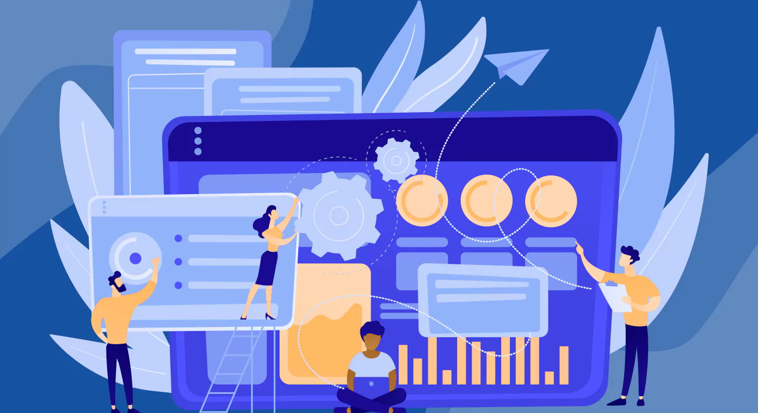 Cartoon people work around large gears, charts, and interface screens illustrating data integration and automation with networked connections.