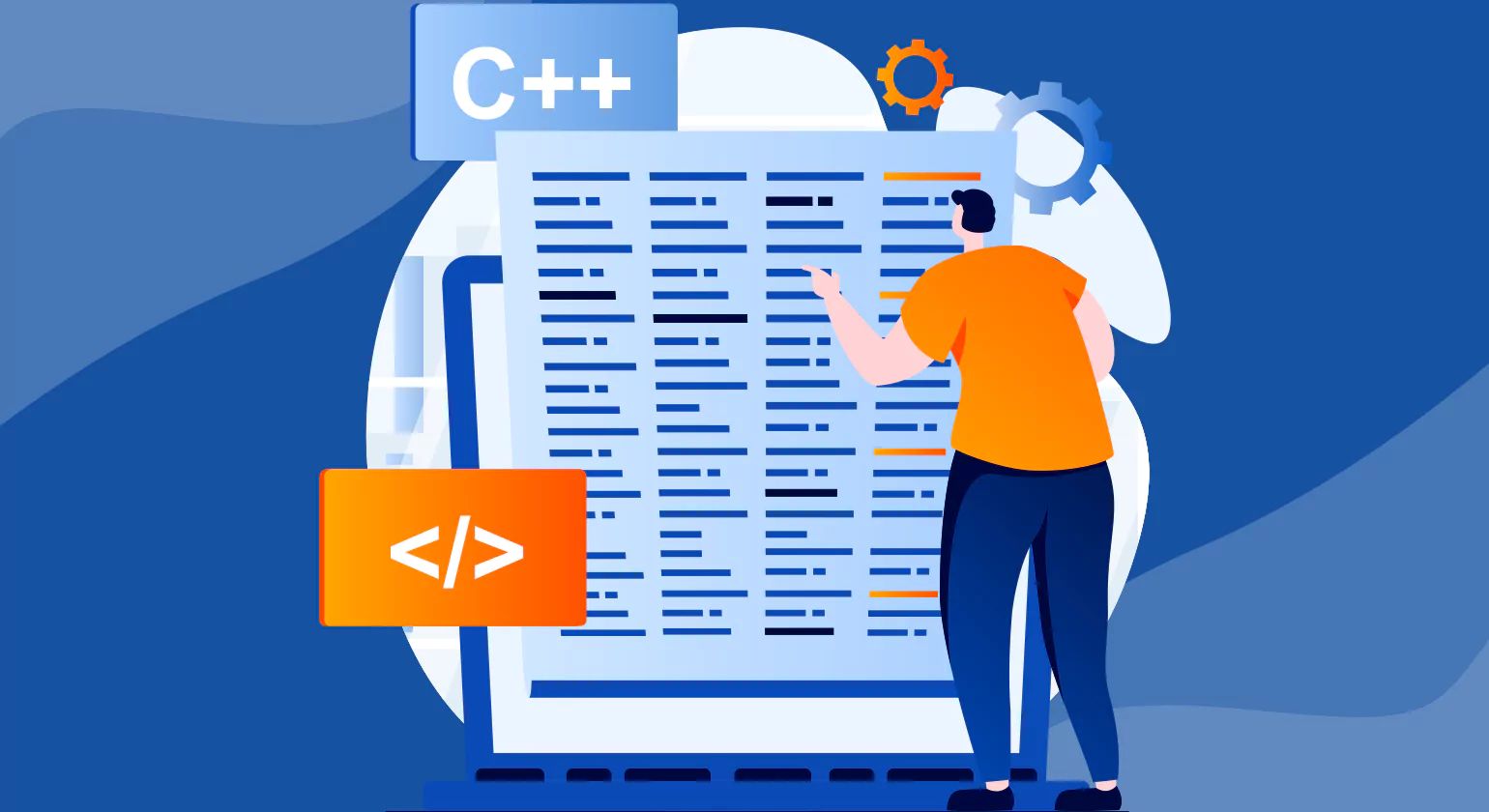 An animated character interacts with a large coded screen labeled C++ with coding and gear icons against a blue tech-themed background.