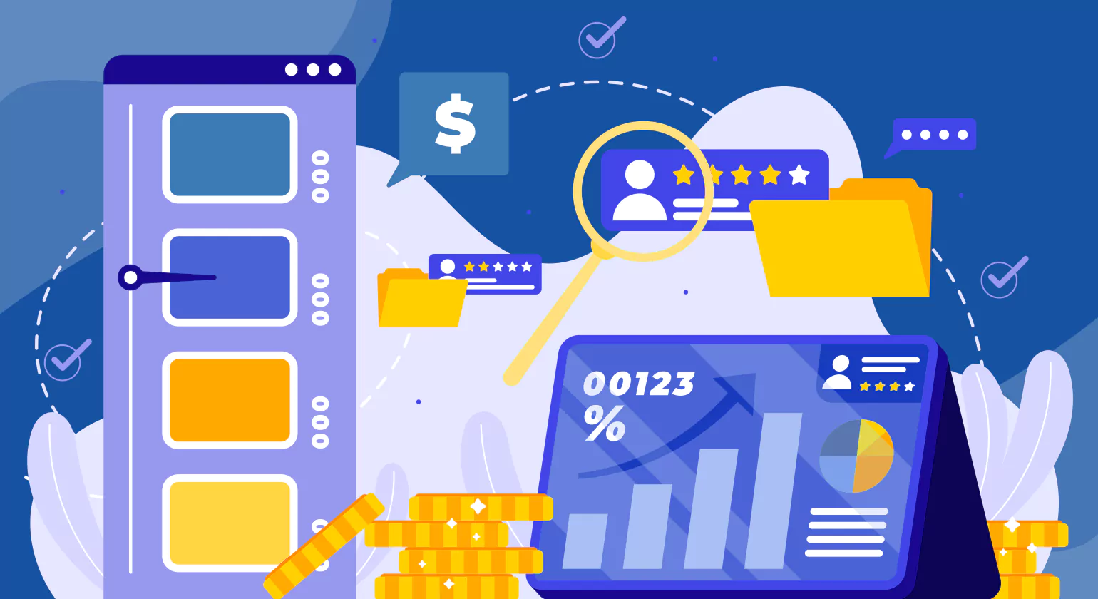 Gold coins, folders, and a magnifying glass surround a dashboard displaying financial graphs, percentages, and user profile ratings in a blue and yellow theme.