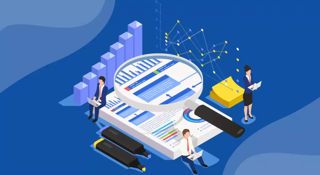 Illustration of business professionals examining reports and data charts with a giant magnifying glass, surrounded by bar graphs and connecting nodes.