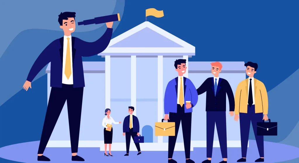 Confident businessman holding a telescope stands tall with colleagues in front of a courthouse building.