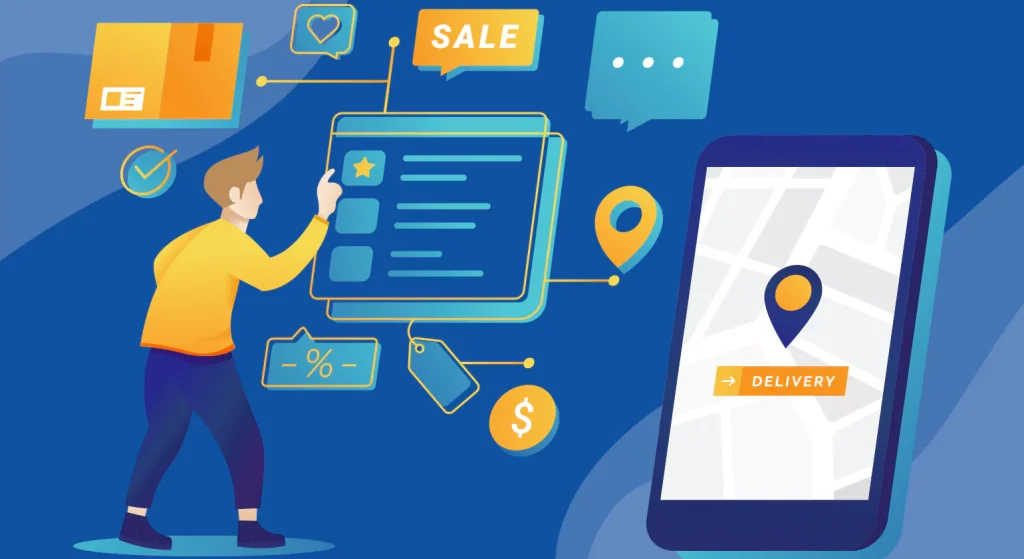 A shopper taps on a digital offer board connected to delivery, sale, and discount icons beside a phone map with a delivery pin.