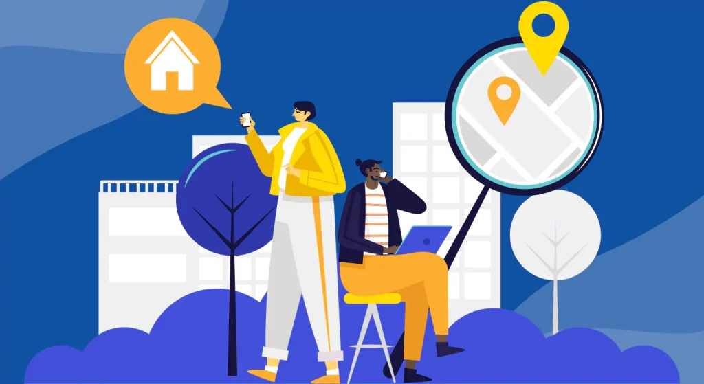 Two people use phones and laptops in a city park next to a magnifying glass over a map dotted with different colored location pins.