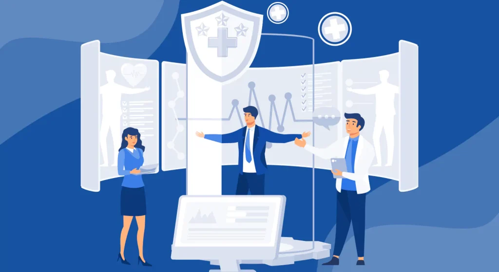 Business and healthcare professionals stand near digital shields and health icons, representing HIPAA compliance services and solutions for healthcare organizations.