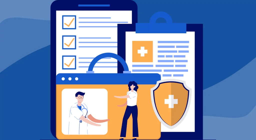Illustration showing a healthcare professional standing in front of a large clipboard with a checklist and patient profile.