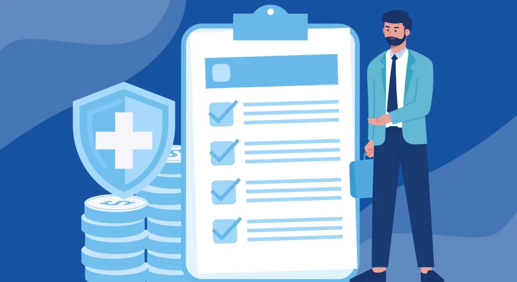 Illustration showing a business professional standing next to a large checklist, shield with a healthcare cross, and stacks of coins, symbolizing steps and financial aspects of HIPAA Security Rule compliance review.
