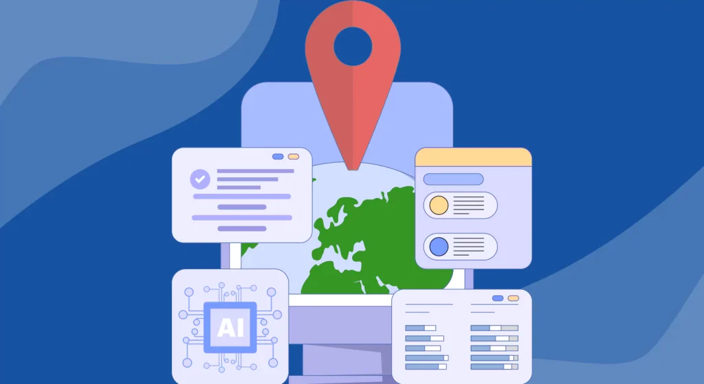 A large location pin hovers over a globe surrounded by interface windows showing AI chips, checklists, and analytics dashboards.
