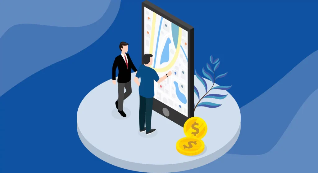 Two professionals stand before a giant phone displaying a detailed city map with pins and stacked gold coins at their feet.