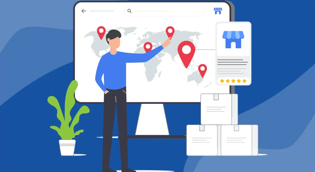 A marketer points to red location pins on a world map displayed on a large screen next to shipping boxes and a storefront profile card.