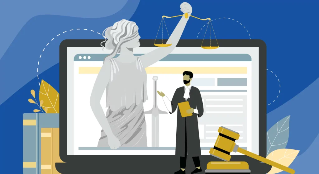 Large statue of Lady Justice emerges from a laptop while a lawyer in robes stands nearby, accompanied by legal books and a judge’s gavel.