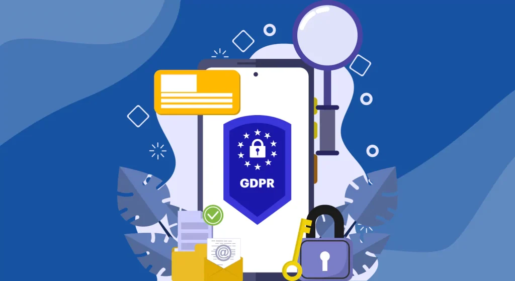 A smartphone with a GDPR shield is framed by a magnifying glass, padlock, key, email envelope, and checkmark icons.