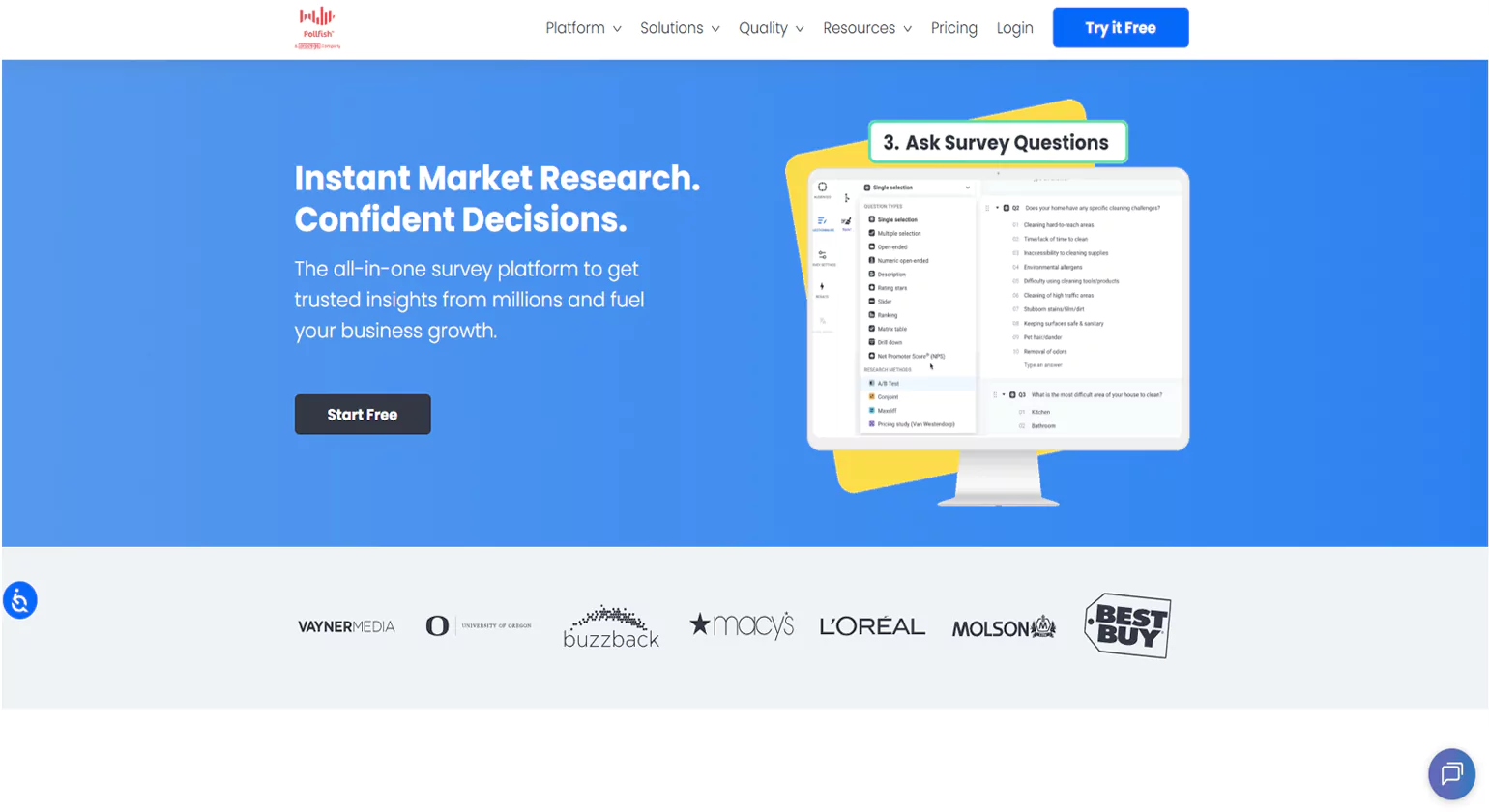 The Pollfish homepage promotes instant market research and confident decisions, displaying an all-in-one survey platform with trusted client logos and a computer mockup showing survey questions.