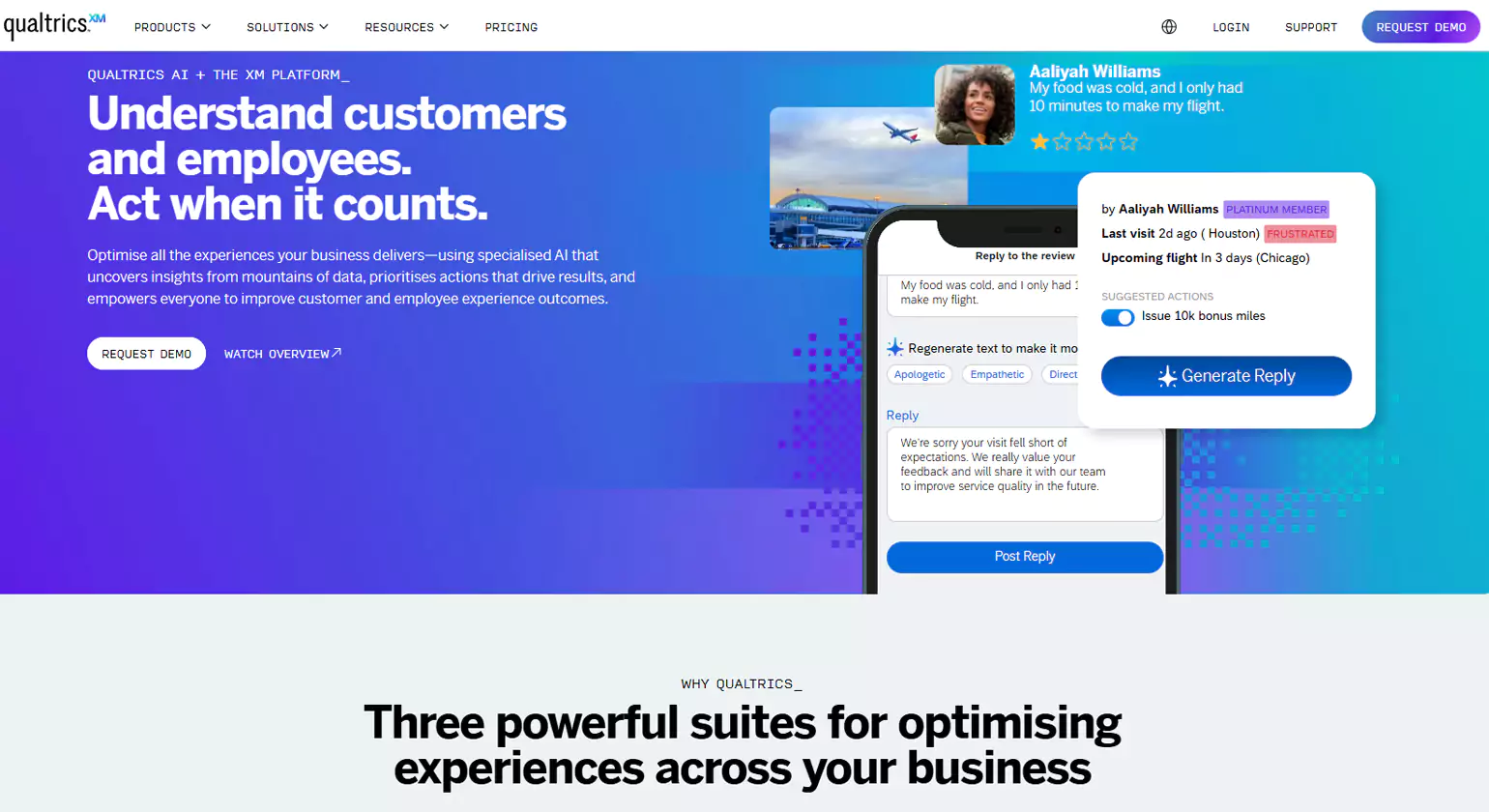 The Qualtrics homepage promotes AI-powered customer and employee experience optimization, showing interactive feedback responses and demo requests.
