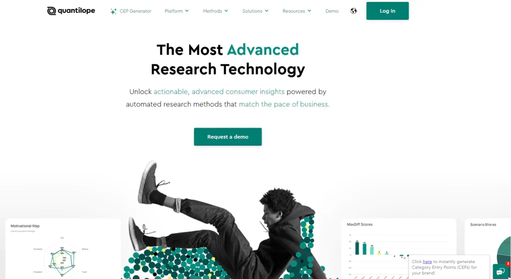 The Quantilope homepage features a headline promoting advanced research technology for consumer insights, with a demo request button and visual elements like charts and motivational maps.