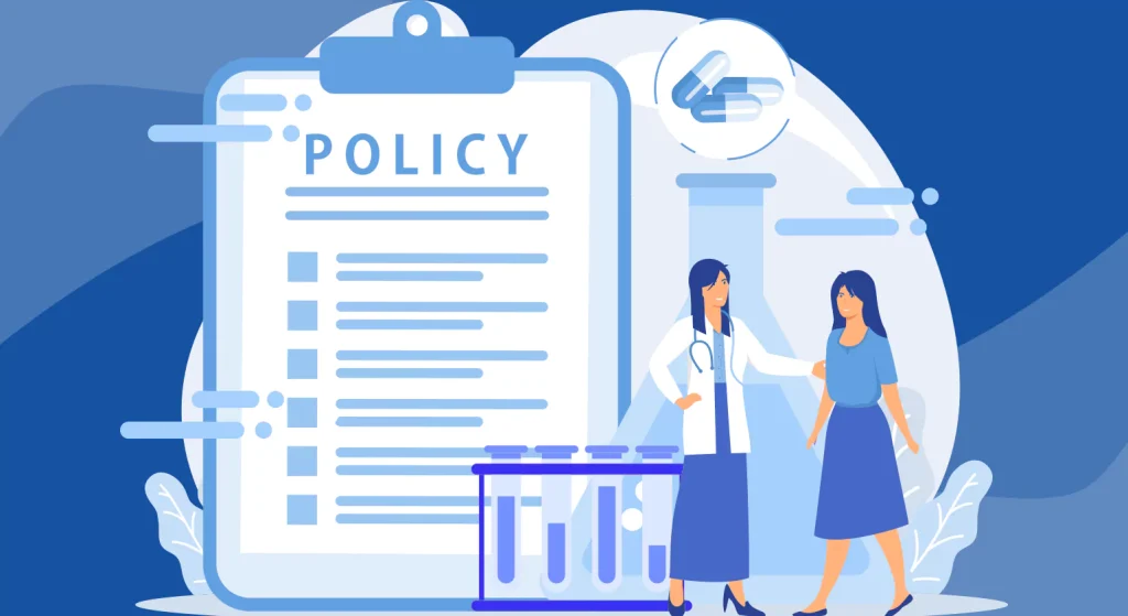 Illustration of a healthcare provider assisting a patient, with a large clipboard labeled “Policy” in the background, representing basic principles and requirements for HIPAA compliance.