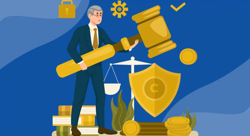 Illustration of a businessperson holding a giant gavel next to a shield, scales of justice, and stacks of coins, representing the penalties and enforcement rules related to HIPAA compliance violations.