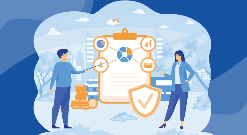 Illustration showing two professionals in front of a large checklist clipboard and shield graphic, with various business and healthcare icons, representing organizations that require HIPAA compliance.