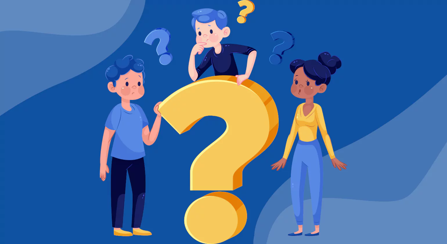 Three animated people stand around a large yellow question mark with puzzled expressions under a blue background with floating question marks.