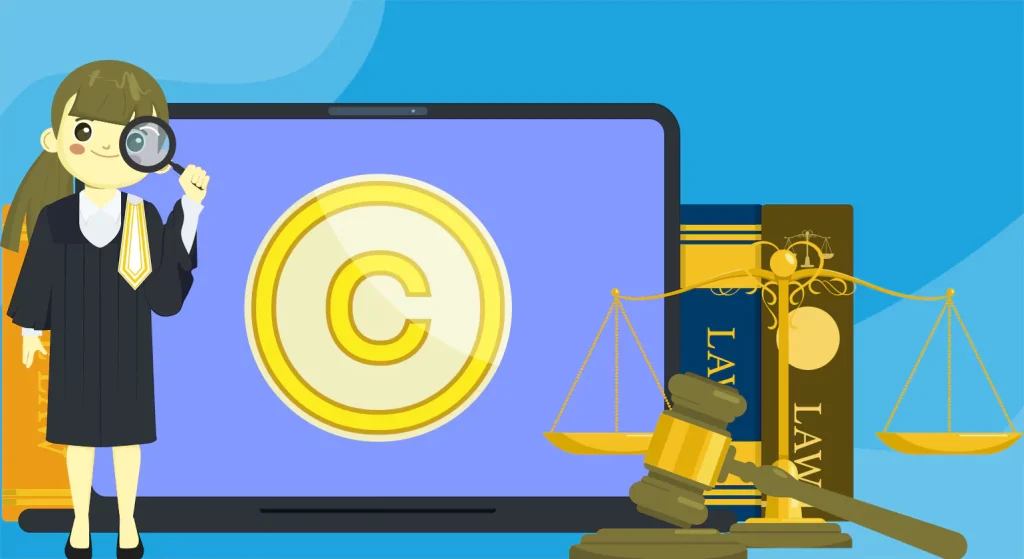 Cartoon judge with a magnifying glass stands by a large copyright symbol, legal scales, gavel, and law books.