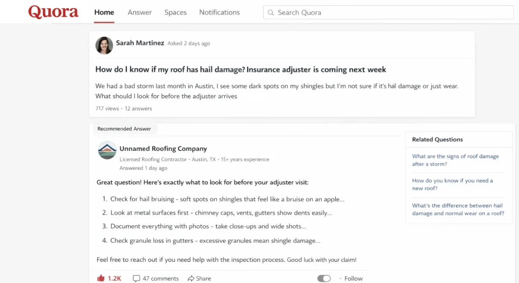 Quora like forums to Answer Roofing Questions