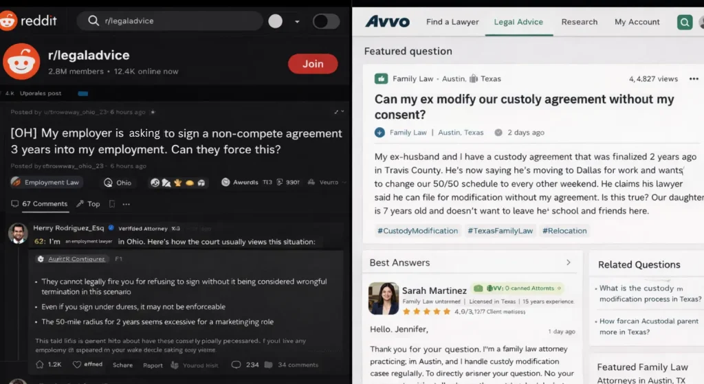 Forums and Q&A sites layout that shows questions and answers related to law firms