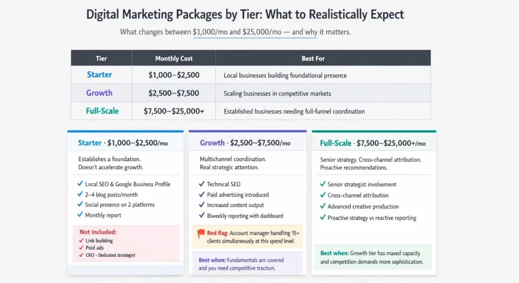 Infographics showing digital marketing package tiers