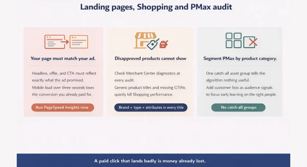 Illustration showing Landing Pages, Shopping and PMax audit