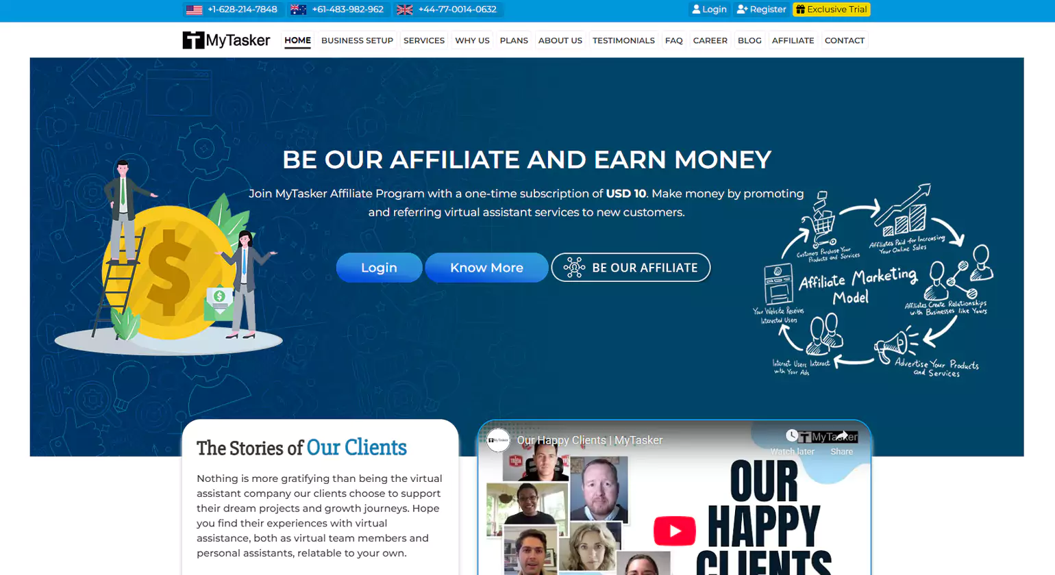 MyTasker virtual assistant company homepage — affordable 24/7 VA services for SMBs