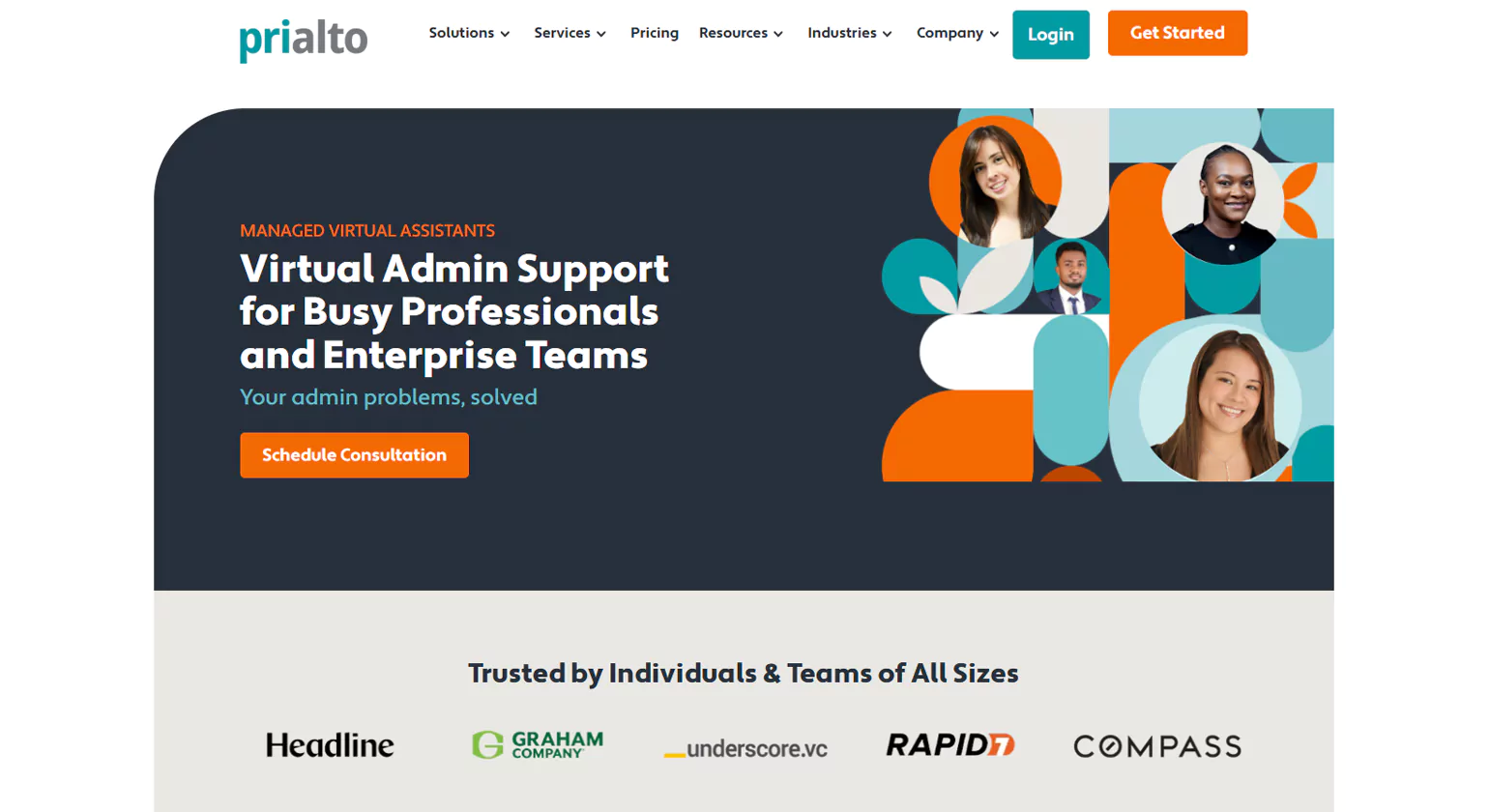 Prialto managed virtual assistant company homepage — hybrid offshore model for executives