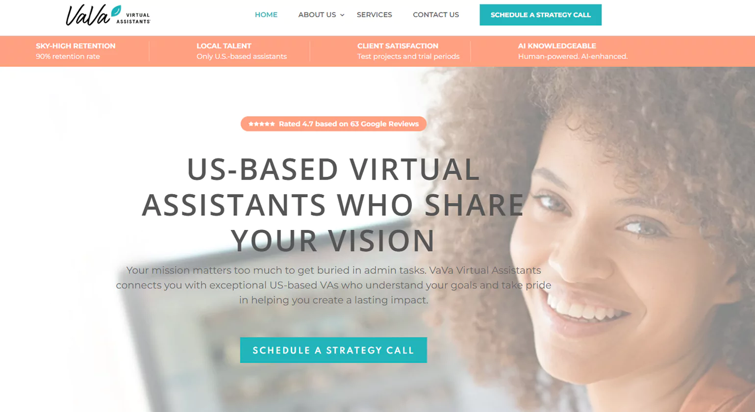 VaVa Virtual Assistants homepage — US-based premium virtual assistant support for executives"