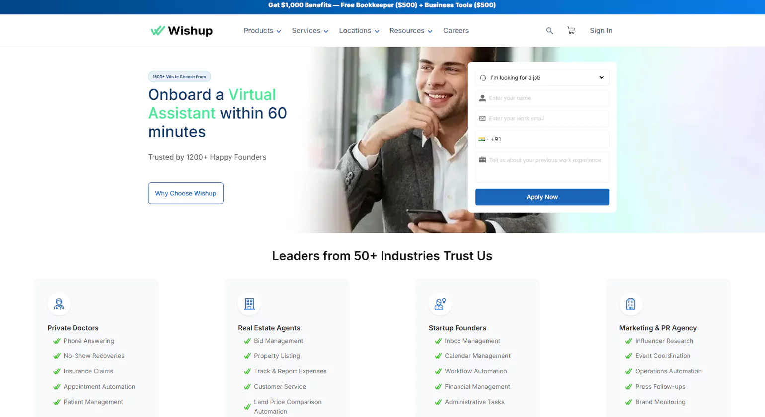 Wishup virtual assistant company homepage — dedicated VA services for entrepreneurs