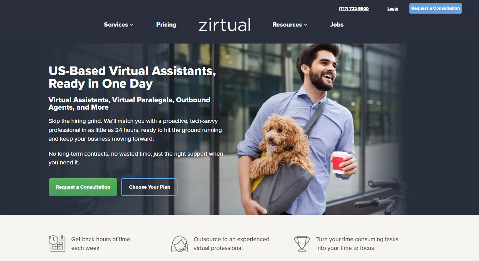 Zirtual virtual assistant company homepage — US-based dedicated VA for startup founders